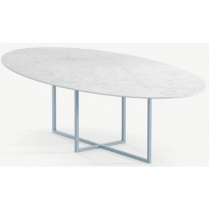 Cyriel ovalt spisebord i stål og keramik 220 x 120 cm - Gråblå/Carrara