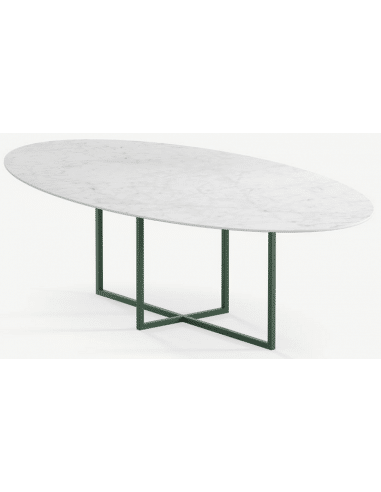 Cyriel ovalt spisebord i stål og keramik 250 x 125 cm - Skovgrøn/Carrara