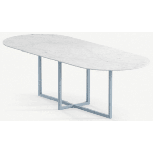 Gustaf ovalt spisebord i stål og keramik 220 x 90 cm - Gråblå/Carrara