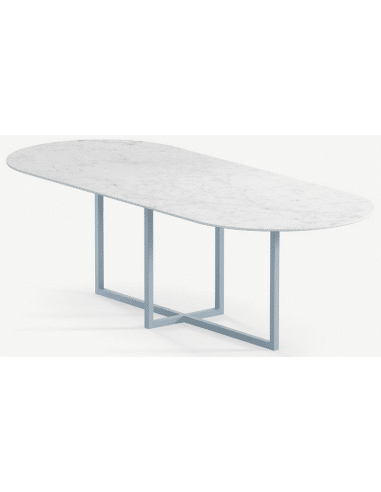 Gustaf ovalt spisebord i stål og keramik 220 x 90 cm - Gråblå/Carrara