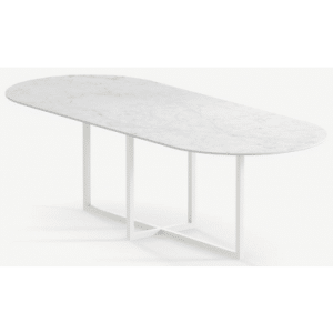 Gustaf ovalt spisebord i stål og keramik 220 x 90 cm - Månehvid/Carrara
