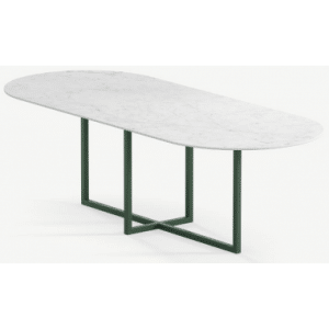 Gustaf ovalt spisebord i stål og keramik 220 x 90 cm - Skovgrøn/Carrara