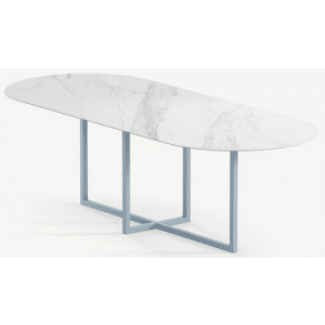 Gustaf ultrathin ovalt spisebord i stål og keramik 180 x 90 cm - Gråblå/Calacatta
