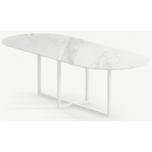 Gustaf ultrathin ovalt spisebord i stål og keramik 180 x 90 cm - Månehvid/Calacatta
