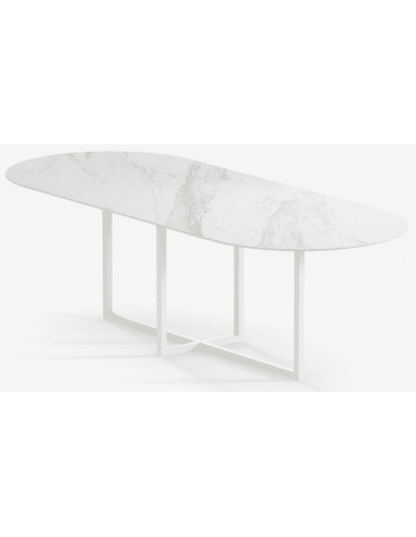 Gustaf ultrathin ovalt spisebord i stål og keramik 180 x 90 cm - Månehvid/Calacatta