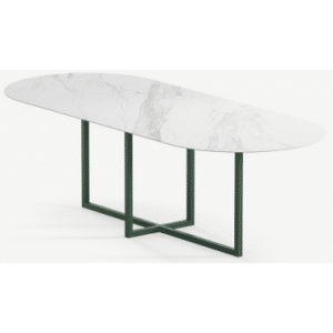Gustaf ultrathin ovalt spisebord i stål og keramik 180 x 90 cm - Skovgrøn/Calacatta