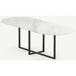 Gustaf ultrathin ovalt spisebord i stål og keramik 180 x 90 cm - Sort/Calacatta