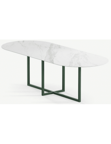 Gustaf ultrathin ovalt spisebord i stål og keramik 200 x 90 cm - Skovgrøn/Calacatta
