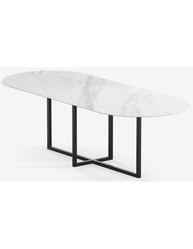 Gustaf ultrathin ovalt spisebord i stål og keramik 200 x 90 cm - Sort/Calacatta