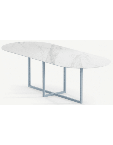 Gustaf ultrathin ovalt spisebord i stål og keramik 240 x 90 cm - Gråblå/Calacatta