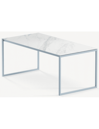 Hugo ultrathin spisebord i stål og keramik 220 x 90 cm - Gråblå/Calacatta