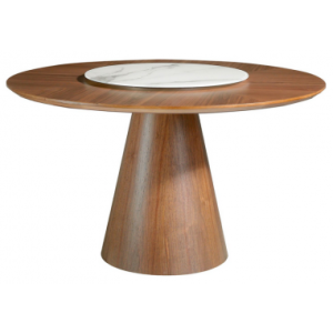 Rundt spisebord med drejeplade i valnøddefinér og porcelæn Ø135 cm - Valnød/Hvid marmor