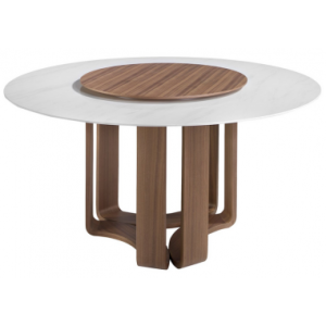 Rundt spisebord med drejeplade i valnøddefinér og porcelæn Ø150 cm - Valnød/Hvid marmor